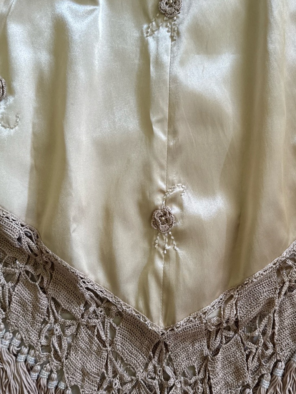 Cache Champagne Gold Satin Dress with Crochet Tassel Fringe Hem and Flowers - Picture 4 of 5